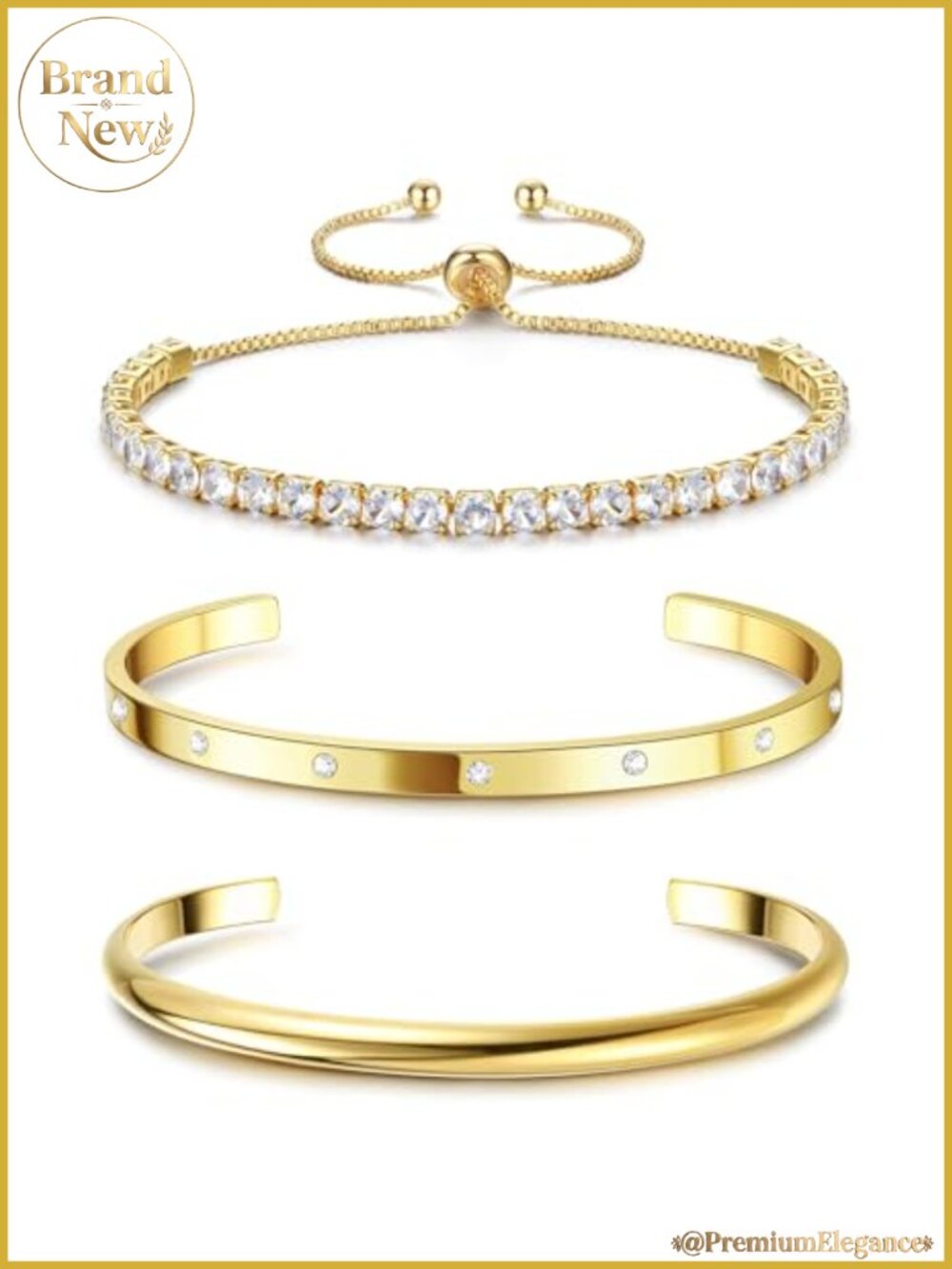 14K Gold Plated Bangle Set with CZ Tennis Bracelet, Cuff & Bangle